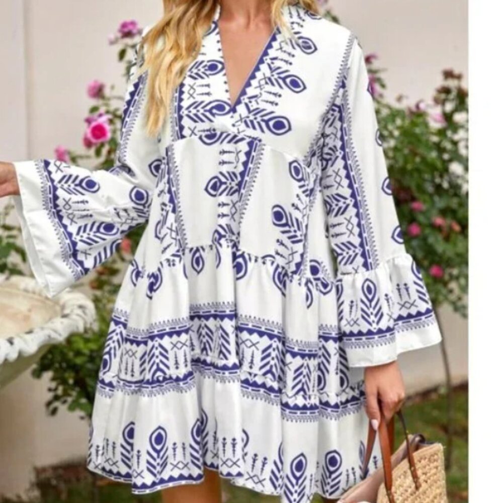 Dress Geo Print Flounce Sleeve Smock Dress Size XL NWOT